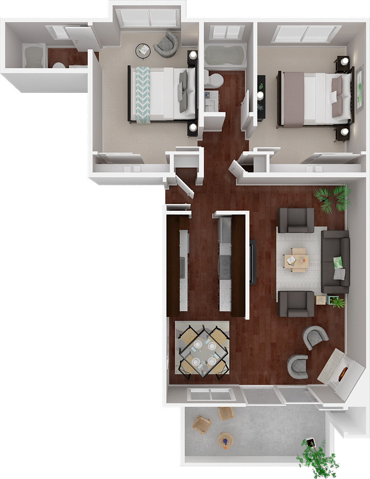Floor plan for 2 beds, 2 baths, 1070 sqft